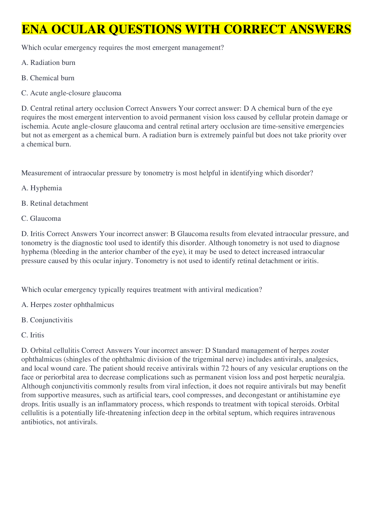 Preview image of ENA OCULAR QUESTIONS WITH CORRECT ANSWERS document